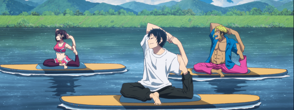 Akira, Shizuka y Kencho haciendo Yoga. Zom 100: Bucket List of the Dead